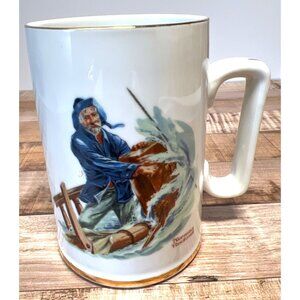 Norman Rockwell Braving The Storm Ceramic Mug 1985 Gold Trim 16 Oz Vintage Nauti